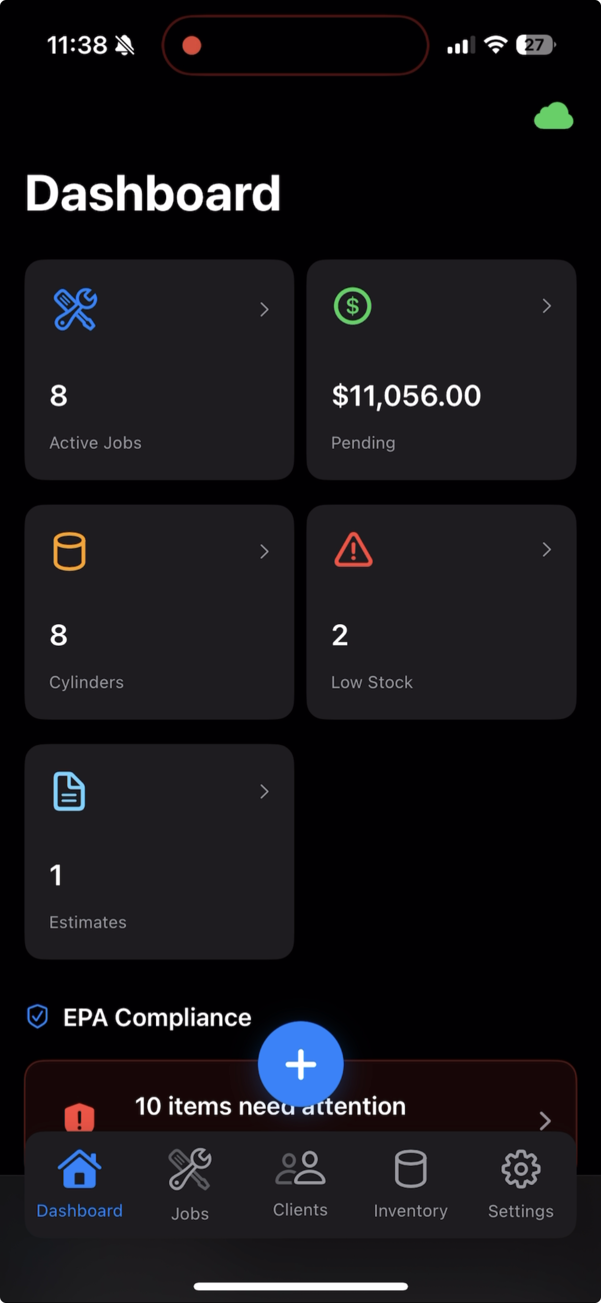 FieldPad Dashboard: 8 active jobs, $11,056 pending, EPA compliance alerts