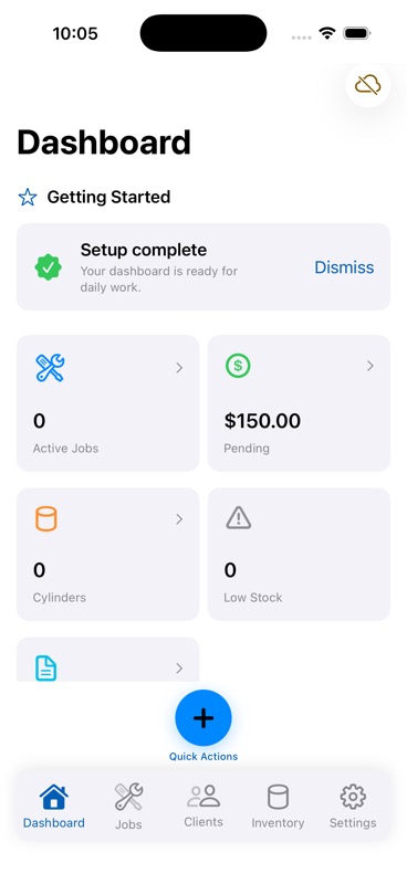 FieldPad 1.1 prerelease dashboard with test records and Quick Actions centered above the five navigation tabs